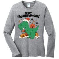 Happy Hallothanksmas Dinosaur Holiday Ladies Long Sleeve Shirt