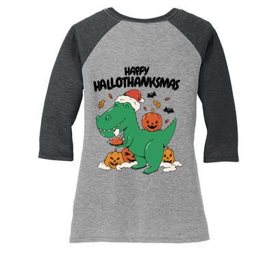 Happy Hallothanksmas Dinosaur Holiday Women's Tri-Blend 3/4-Sleeve Raglan Shirt