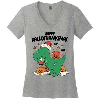 Happy Hallothanksmas Dinosaur Holiday Women's V-Neck T-Shirt