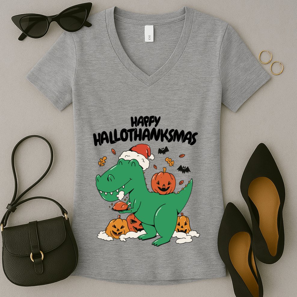 Happy Hallothanksmas Dinosaur Holiday Women's V-Neck T-Shirt