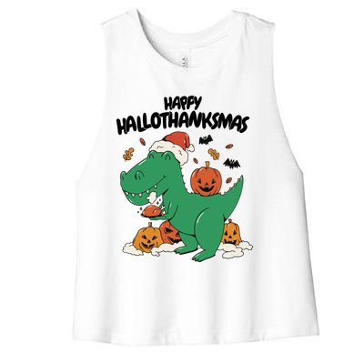 Happy Hallothanksmas Dinosaur Holiday Women's Racerback Cropped Tank