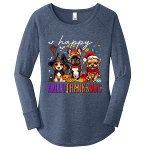 Happy Hallothanksmas Dogs Halloween Thanksgiving Christmas Women's Perfect Tri Tunic Long Sleeve Shirt