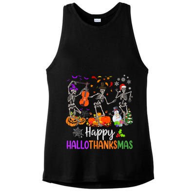 Happy HalloThanksMas Dancing Skeleton Halloween Thanksgiving Ladies PosiCharge Tri-Blend Wicking Tank