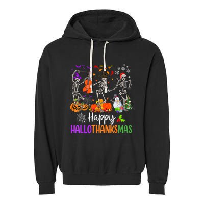 Happy HalloThanksMas Dancing Skeleton Halloween Thanksgiving Garment-Dyed Fleece Hoodie