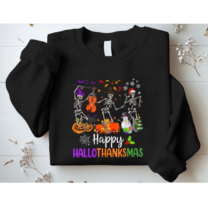 Happy HalloThanksMas Dancing Skeleton Halloween Thanksgiving Sweatshirt