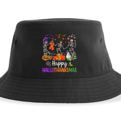 Happy HalloThanksMas Dancing Skeleton Halloween Thanksgiving Sustainable Bucket Hat