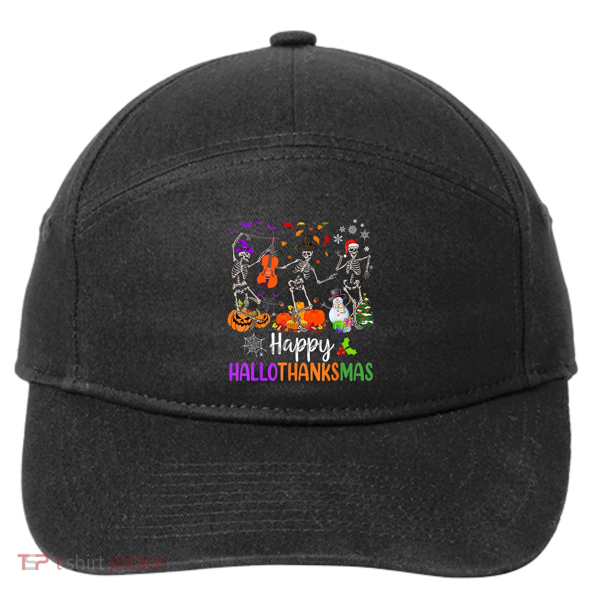 Happy HalloThanksMas Dancing Skeleton Halloween Thanksgiving 7-Panel Snapback Hat