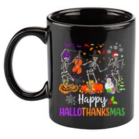 Happy HalloThanksMas Dancing Skeleton Halloween Thanksgiving 11oz C Handle Ceramic Mug