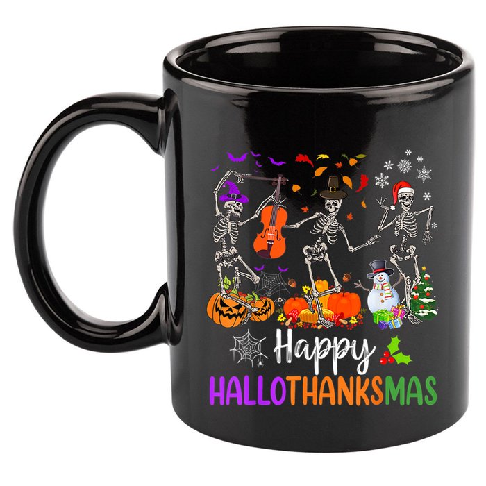 Happy HalloThanksMas Dancing Skeleton Halloween Thanksgiving 11oz C Handle Ceramic Mug