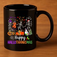 Happy HalloThanksMas Dancing Skeleton Halloween Thanksgiving 11oz C Handle Ceramic Mug