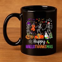 Happy HalloThanksMas Dancing Skeleton Halloween Thanksgiving 11oz C Handle Ceramic Mug