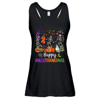 Happy HalloThanksMas Dancing Skeleton Halloween Thanksgiving Ladies Essential Flowy Tank