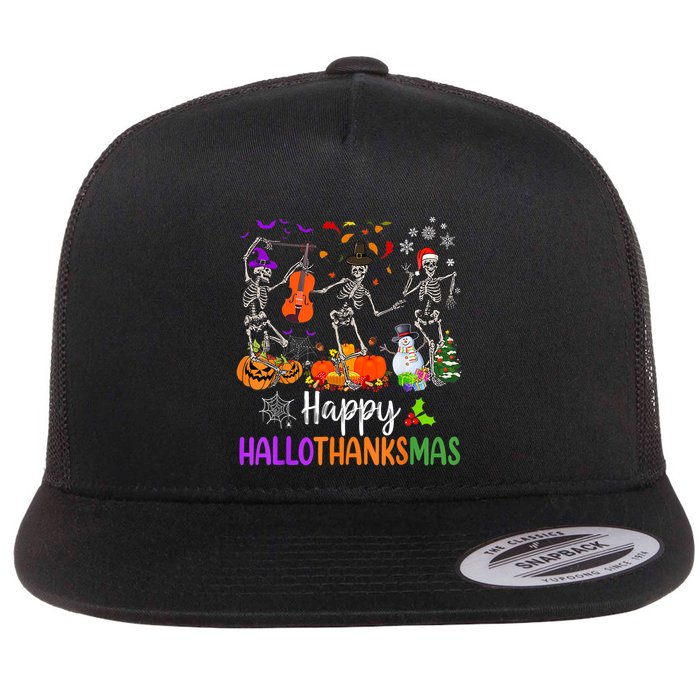 Happy HalloThanksMas Dancing Skeleton Halloween Thanksgiving Flat Bill Trucker Hat