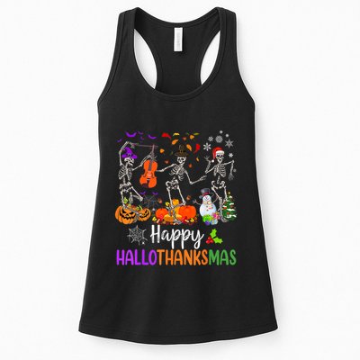 Happy HalloThanksMas Dancing Skeleton Halloween Thanksgiving Womens Tank Top