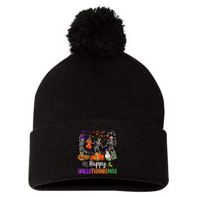 Happy HalloThanksMas Dancing Skeleton Halloween Thanksgiving Pom Pom 12in Knit Beanie