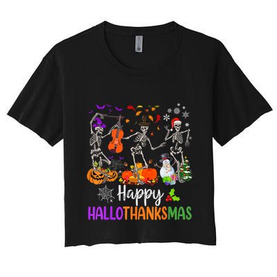 Happy HalloThanksMas Dancing Skeleton Halloween Thanksgiving Crop Top