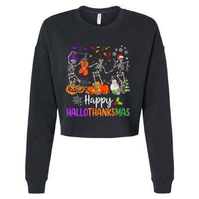 Happy HalloThanksMas Dancing Skeleton Halloween Thanksgiving Cropped Pullover Crew