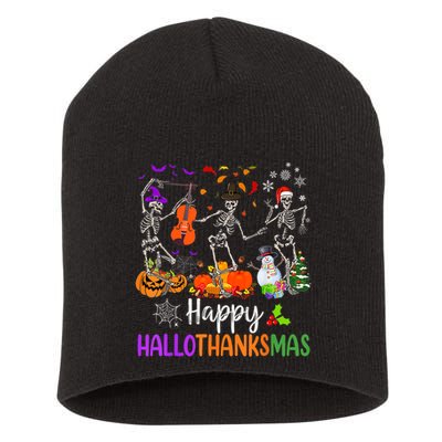 Happy HalloThanksMas Dancing Skeleton Halloween Thanksgiving Short Acrylic Beanie