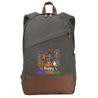 Happy HalloThanksMas Dancing Skeleton Halloween Thanksgiving Cotton Canvas Backpack