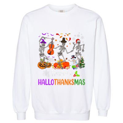 Happy HalloThanksMas Dancing Skeleton Halloween Thanksgiving Garment-Dyed Sweatshirt