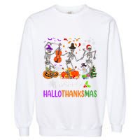 Happy HalloThanksMas Dancing Skeleton Halloween Thanksgiving Garment-Dyed Sweatshirt