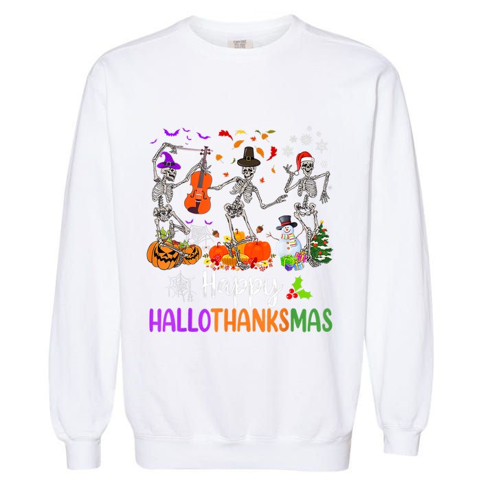 Happy HalloThanksMas Dancing Skeleton Halloween Thanksgiving Garment-Dyed Sweatshirt