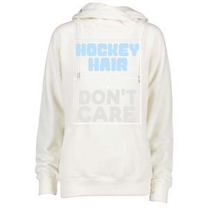 Hockey Hair Dont Care Ice Skating Puck Gift Womens Funnel Neck Pullover Hood