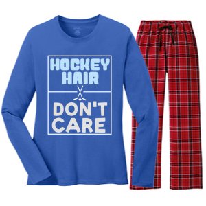 Hockey Hair Dont Care Ice Skating Puck Gift Women's Long Sleeve Flannel Pajama Set 