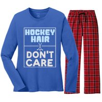 Hockey Hair Dont Care Ice Skating Puck Gift Women's Long Sleeve Flannel Pajama Set 