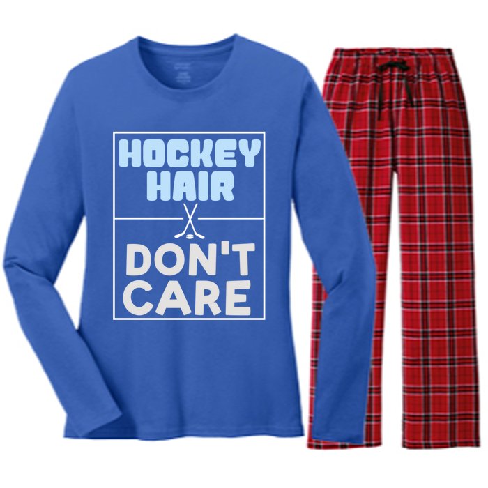 Hockey Hair Dont Care Ice Skating Puck Gift Women's Long Sleeve Flannel Pajama Set 