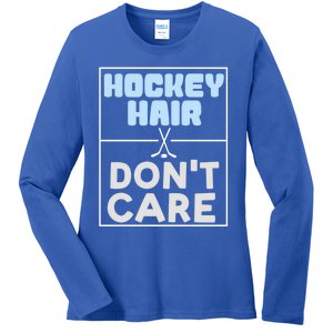 Hockey Hair Dont Care Ice Skating Puck Gift Ladies Long Sleeve Shirt