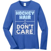 Hockey Hair Dont Care Ice Skating Puck Gift Ladies Long Sleeve Shirt