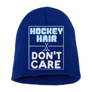 Hockey Hair Dont Care Ice Skating Puck Gift Short Acrylic Beanie