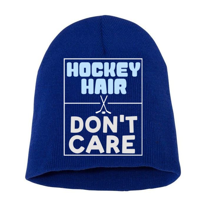 Hockey Hair Dont Care Ice Skating Puck Gift Short Acrylic Beanie