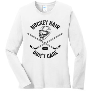 Hockey Hair DonT Care Cute Messy Hair Player Ladies Long Sleeve Shirt