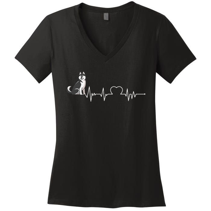 Husky Heartbeat Design for Husky Dog Lovers Women's V-Neck T-Shirt