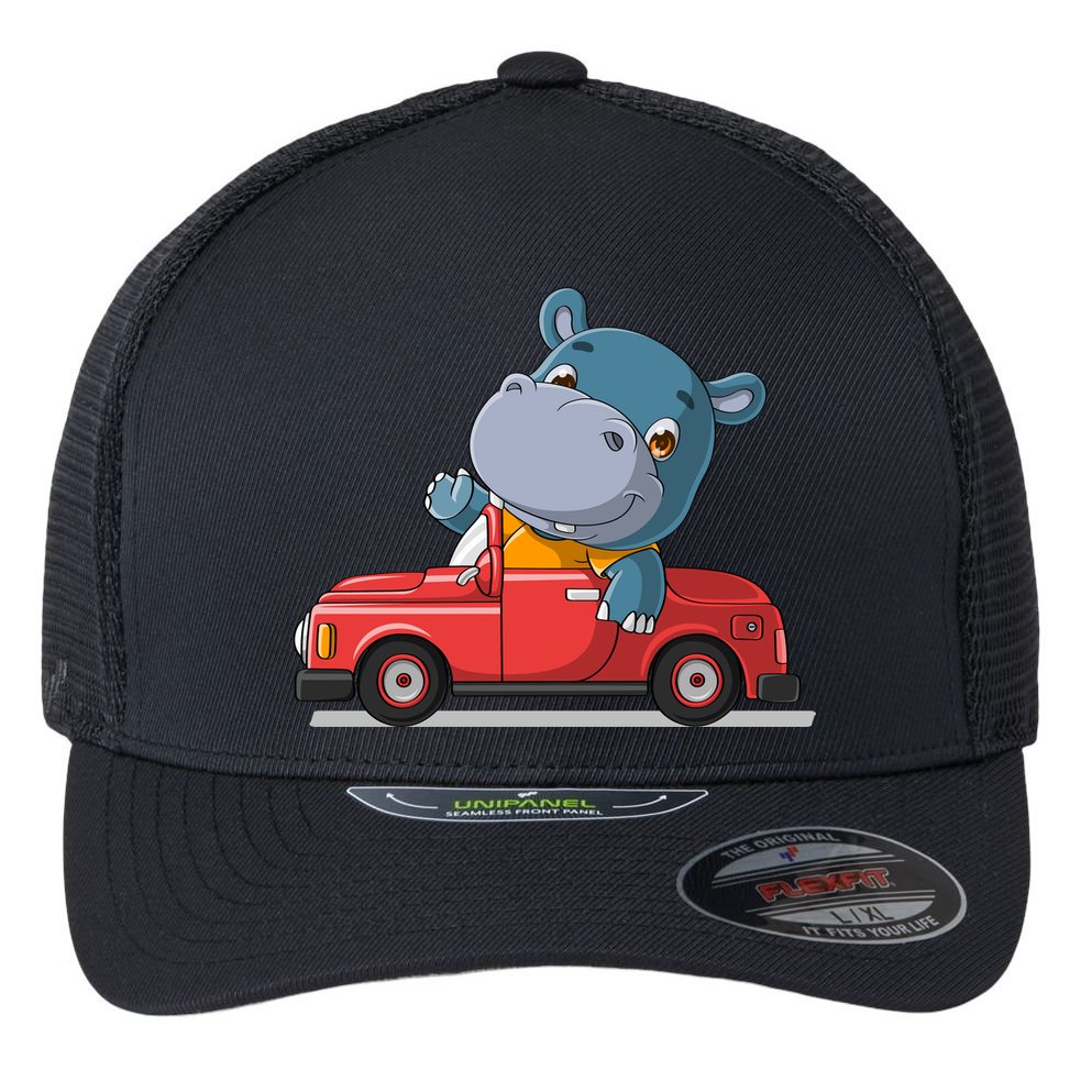 Happy Hippo Drive A Car Flexfit Unipanel Trucker Cap
