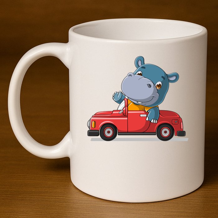 Happy Hippo Drive A Car 11oz C Handle Ceramic Mug
