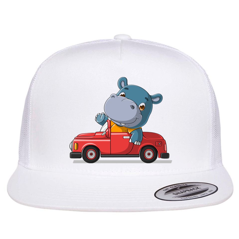 Happy Hippo Drive A Car Flat Bill Trucker Hat