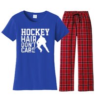 Hockey Hair Don't Care Funny Hockey Cool Gift Women's Flannel Pajama Set