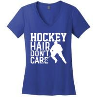 Hockey Hair Don't Care Funny Hockey Cool Gift Women's V-Neck T-Shirt