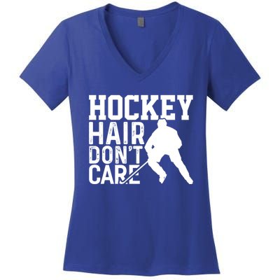 Hockey Hair Don't Care Funny Hockey Cool Gift Women's V-Neck T-Shirt