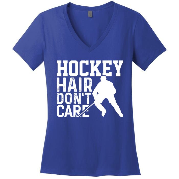 Hockey Hair Don't Care Funny Hockey Cool Gift Women's V-Neck T-Shirt