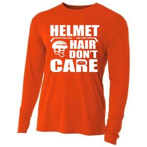 Helmet Hair Dont Care Funny Hockey Player Cute Gift Cooling Performance Long Sleeve Crew