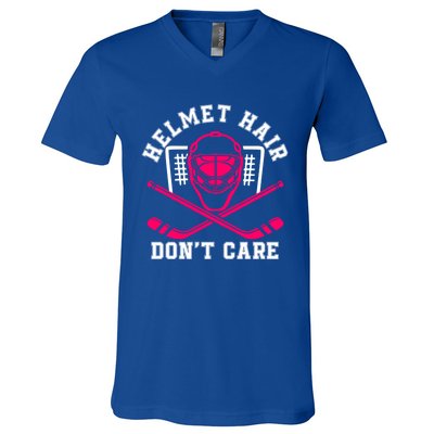 Helmet Hair Dont Care Pink Hockey Mask Player Pride Gift V-Neck T-Shirt