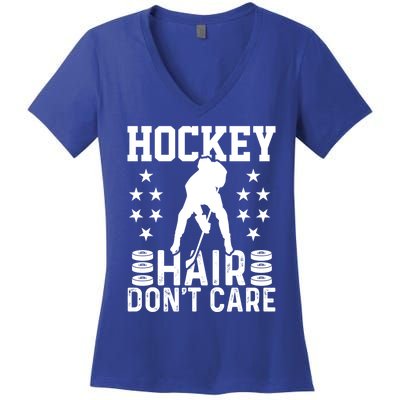 Hockey Hair Don't Care Ice Hockey Player Gift Women's V-Neck T-Shirt