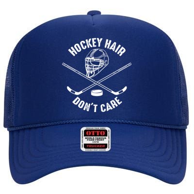 Hockey Hair Dont Care Cute Messy Hair Player Gift High Crown Mesh Back Trucker Hat