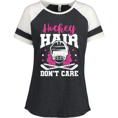 Hockey Hair DonT Care Funny Ice Hockey Player Coach Graphic Gift Enza Ladies Jersey Colorblock Tee