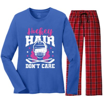 Hockey Hair DonT Care Funny Ice Hockey Player Coach Graphic Gift Women's Long Sleeve Flannel Pajama Set 