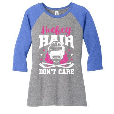 Hockey Hair DonT Care Funny Ice Hockey Player Coach Graphic Gift Women's Tri-Blend 3/4-Sleeve Raglan Shirt